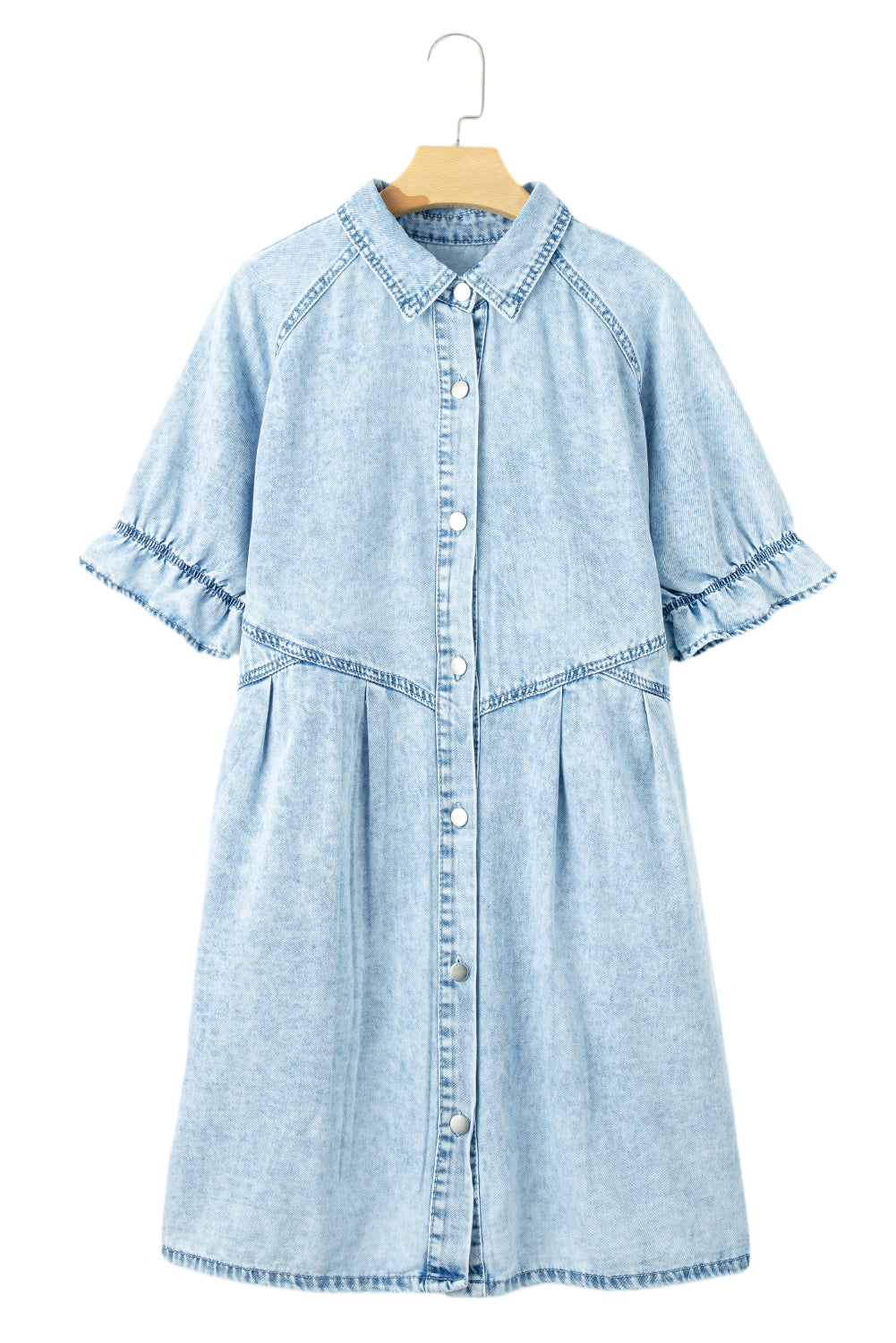 Blue Mineral Washed Ruffled Short Sleeve Pocketed Denim Dress - Eloy Royal