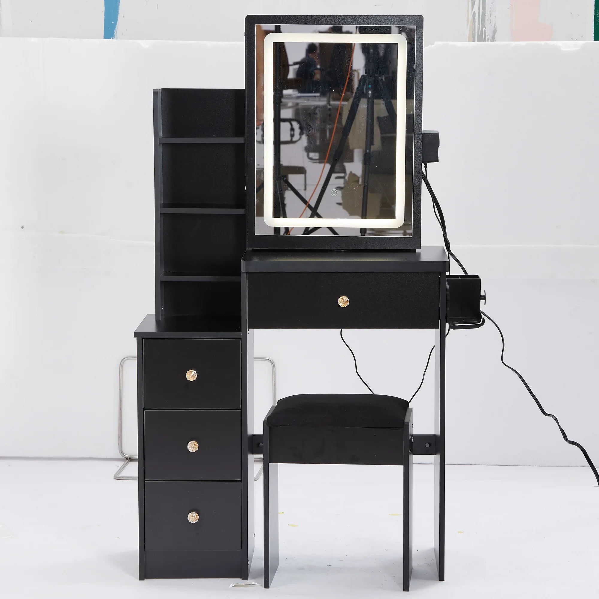 29.2' Small Size Left Bedside Cabinet Vanity Table + Cushioned Stool, 2 AC+2 USB Power Station, Hair dryer bracket, Extra Large Touch Control Sliding LED Mirror, Tri-color Switching, Brightness Adjust - Eloy Royal