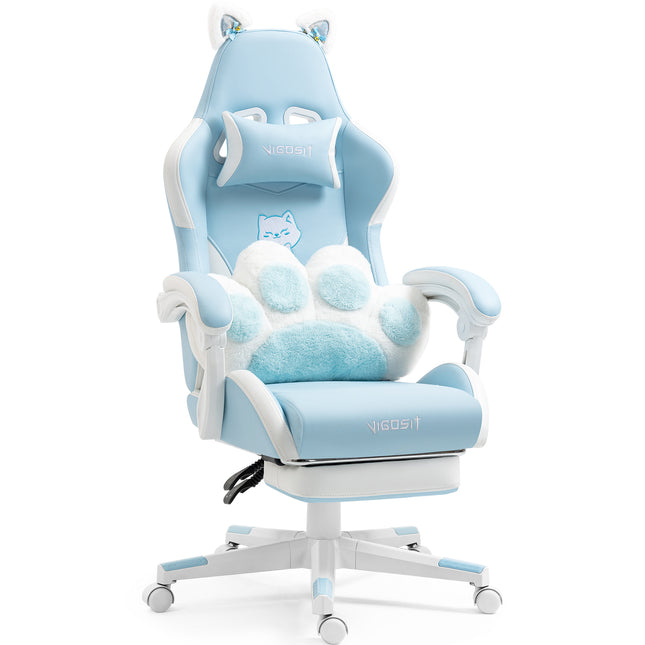 Cat Ears Gaming Chair - Ergonomic PU Leather Office Chair, Cute Chair with Footrest for Adult 310lbs Capacity, 90°-155° Reclining paw Pillow, Blue