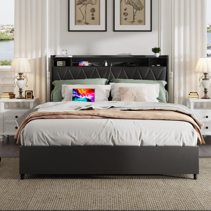 Queen Bed Frame with Ergonomic Headboard, Platform Bed Frame Queen Size with Outlets & Charger, Metal Bed Frame Queen Size with Storage Shelf, Noise-Free, No Box Spring Needed