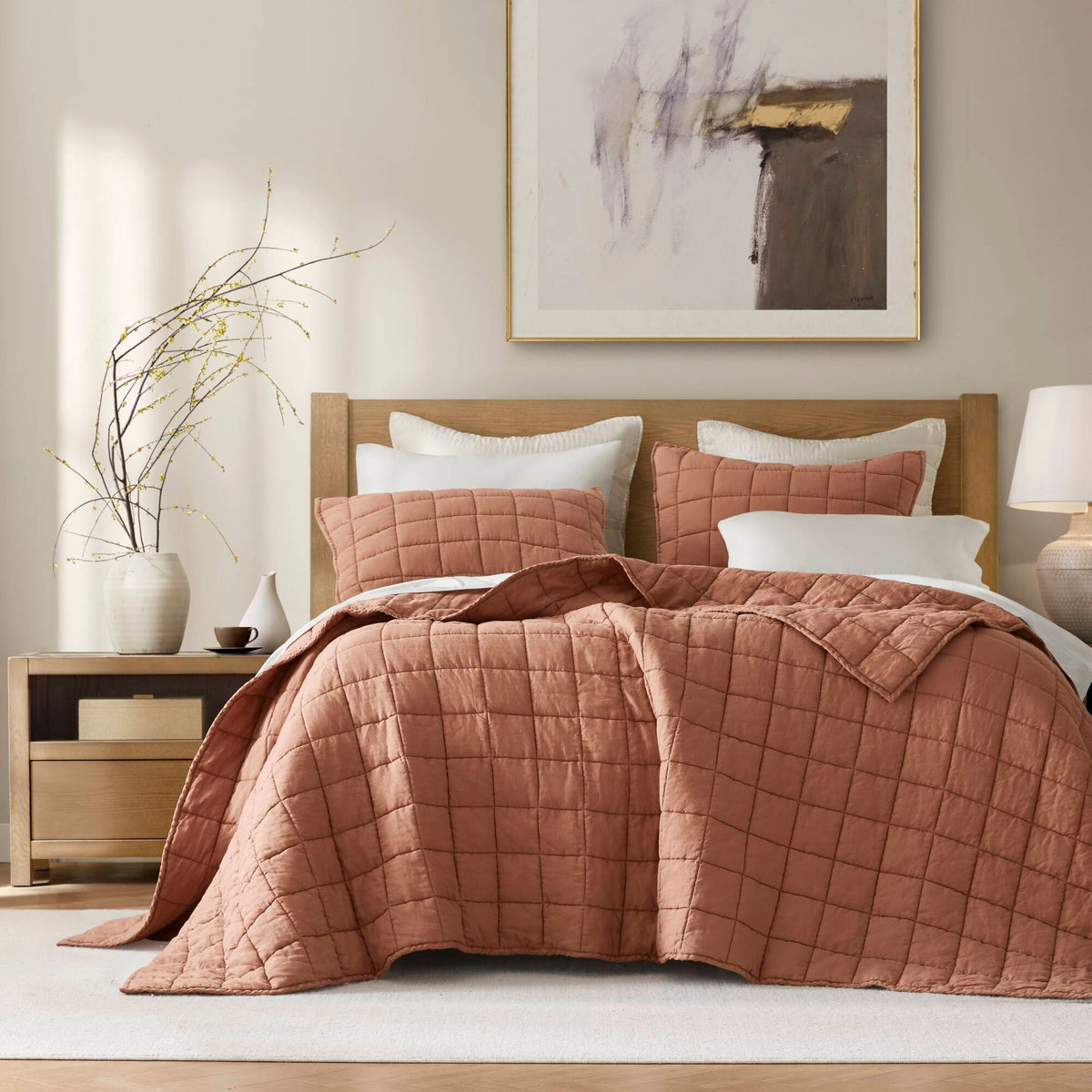 3-Piece King/Cal King Linen Garment Washed Quilt Set,Clay
