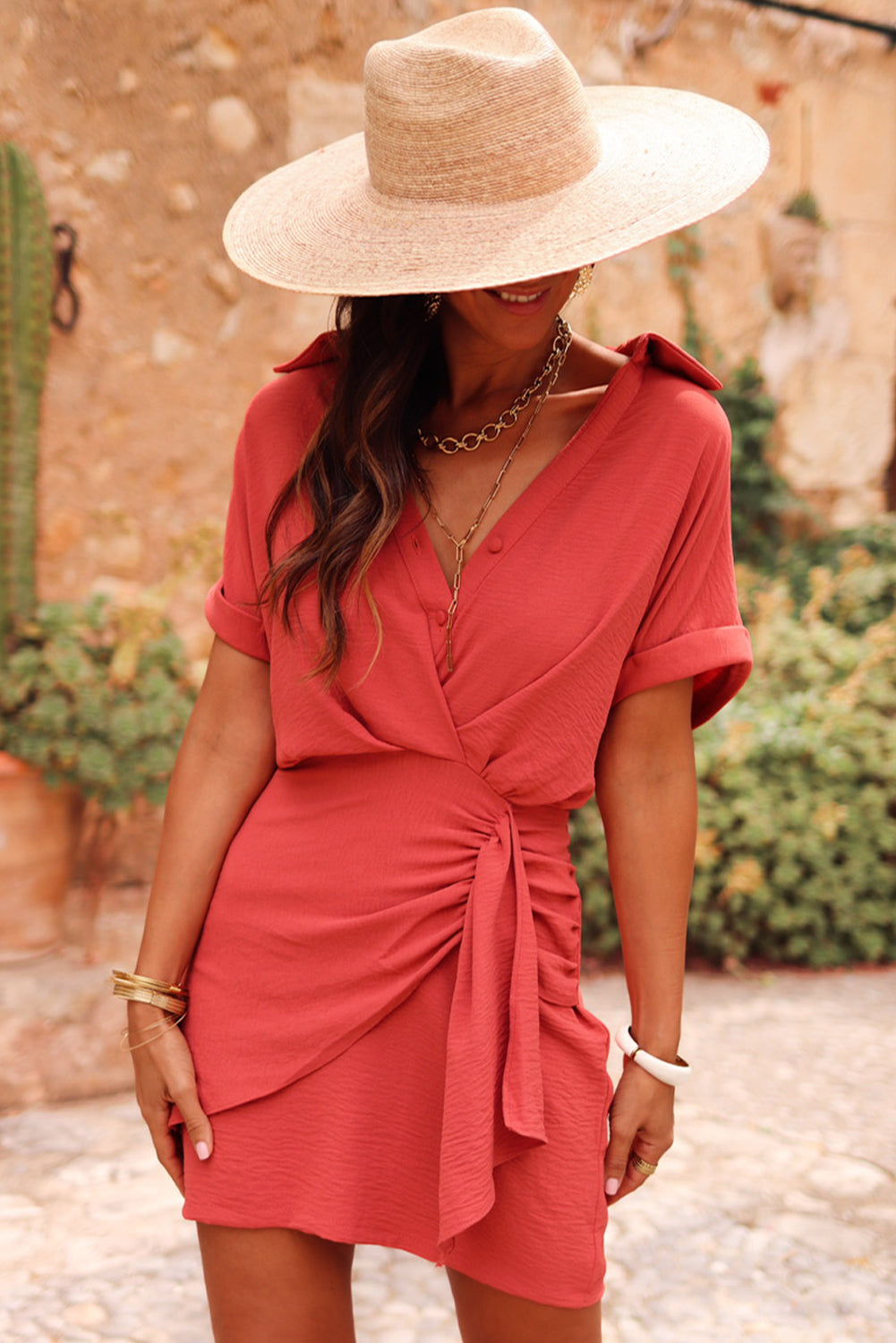 Wholesale Tomato Red Collared Buttoned Neckline Pleated Wrapped Mini Dress - Eloy Royal