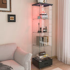 Modern Glass Display Cabinet with Drawer , Quick-assembly Antique Cabinet with LED lights, Tempered Glass Bookshelf, 1-Door Storage Case with 4 Shelves for Living Room and Bedroom, black - Eloy Royal