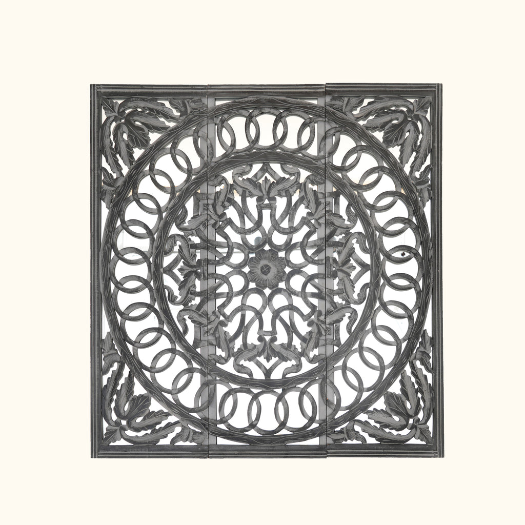 Wooden Handcrafted Wall Panel with Mirror, 48x48 inch 3-Piece Decorative Wall Art Intricate Carved Wood Wall Décor for Living Room, Bedroom, Entryway & Hallway