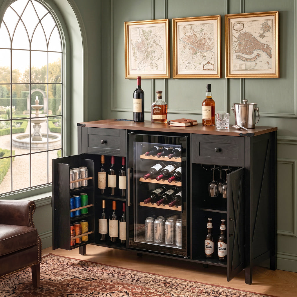 K&K 53.2' Farmhouse Fridge Cabinet with Power Outlet, Coffee Bar Cabinet with Storage, Mini Fridge Wine Cabinet with 2 Doors and 2 Drawers, Sideboard with Barn Doors for Living Room, Kitchen Black