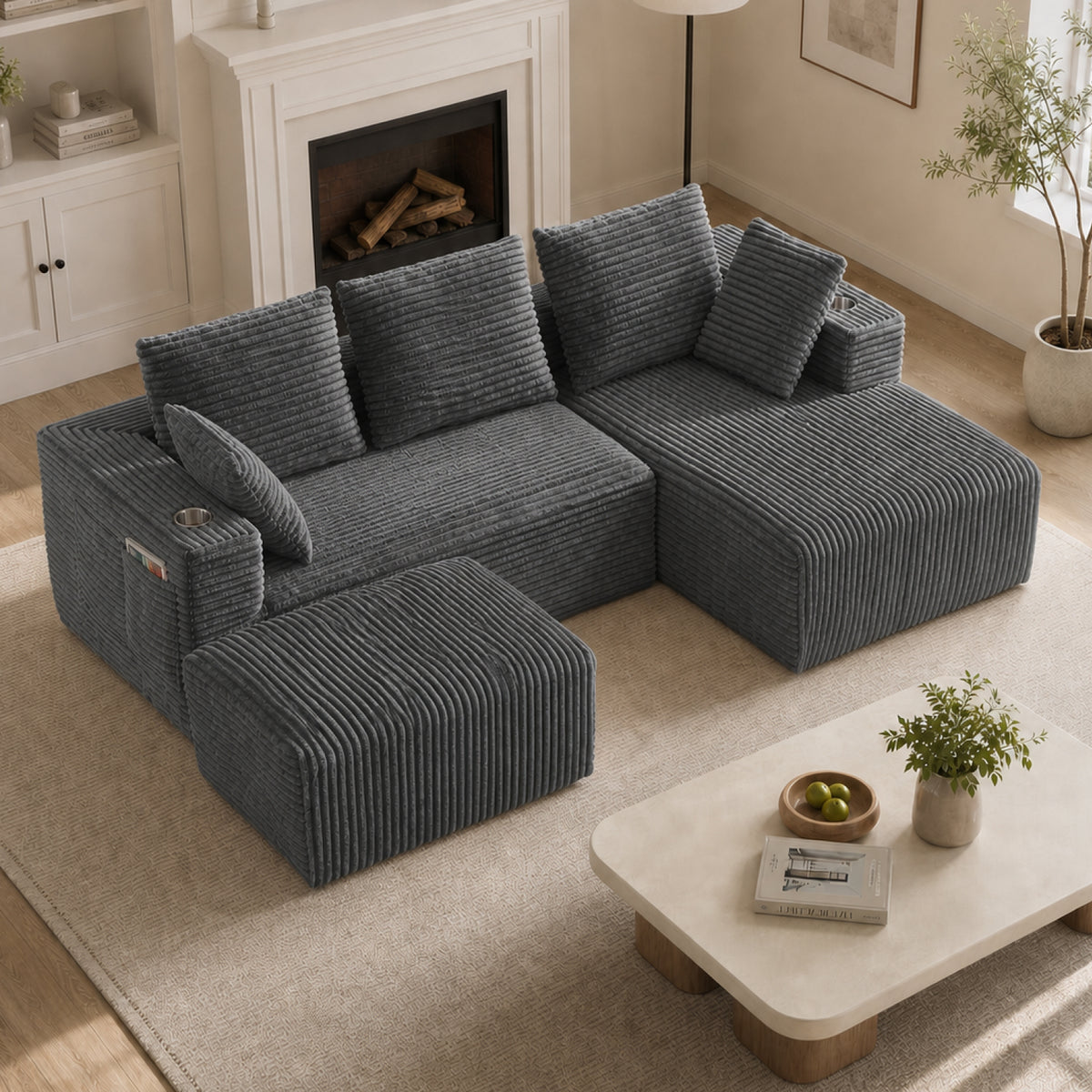 95''modular combination sofa with L-shaped lounge chair, Four seater boneless design with footrest