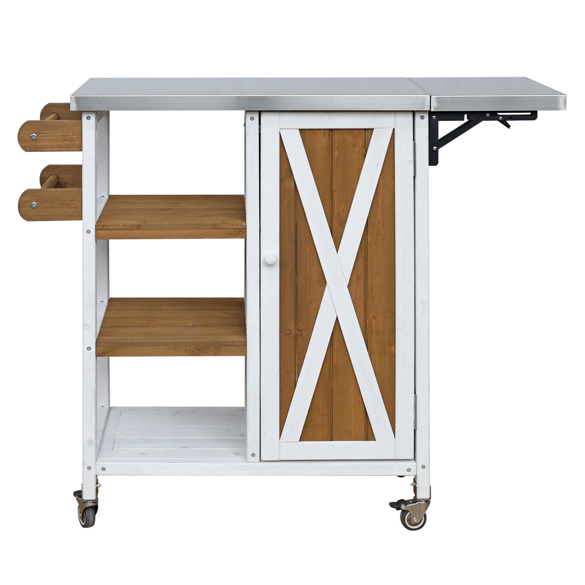 Foldable Outdoor Kitchen Island with Stainless Steel Worktop and Wood Frame, White+Brown, Portable Prep Station for Patio and Balcony