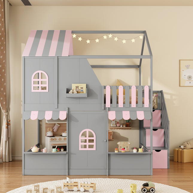 Full Over Full House Bunk Bed with Storage Staircase & Shelves, Wooden Kids Bunk Bed Frame with Playhouse Design, Roof & Door, Storage Steps and Open Shelving, Gray+Pink