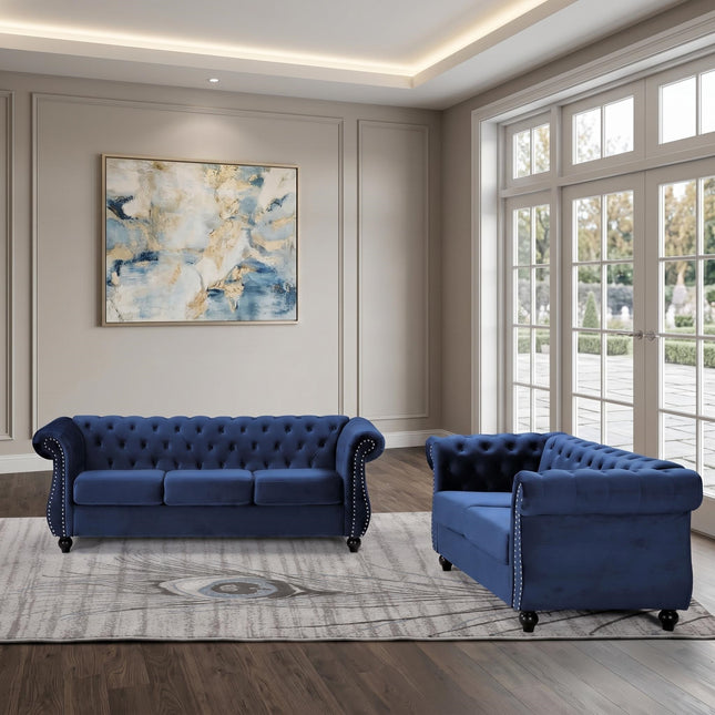 Chesterfield 2-Piece Crushed Velvet Living Room Sofa Set, 3-Seater Sofa & 2-Seater Loveseat Combo, Button Tufted Rolled Arms, Solid Wood Tapered Legs, High Density Foam & Spring Cushions