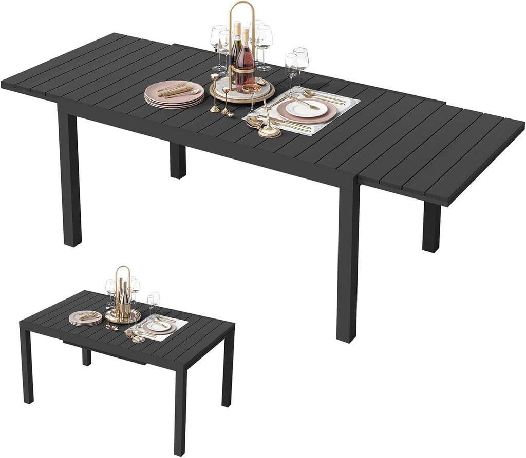 Expandable Patio Dining Table 60 to 83 Inches, Weatherproof HDPE/Aluminum Outdoor Table for 4-8 People, Black