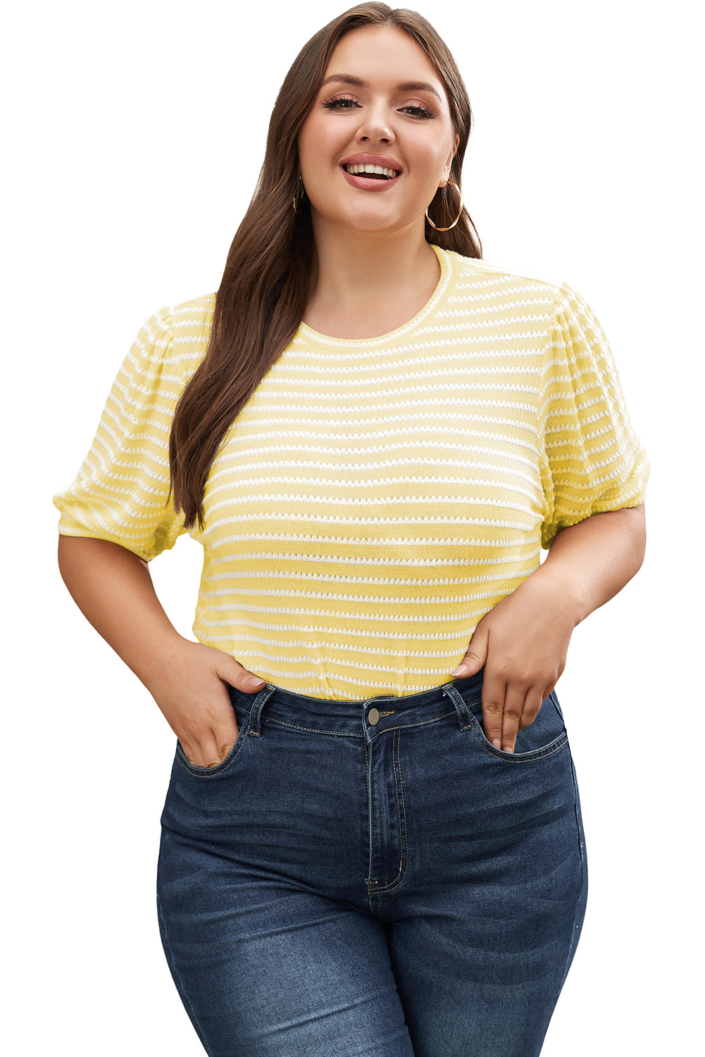 Yellow Stripe Short Puff Sleeve Plus Size Top - Eloy Royal