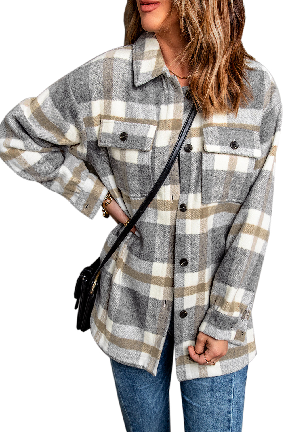 Wholesale Brown Plaid Print Casual Pocket Shacket - Eloy Royal