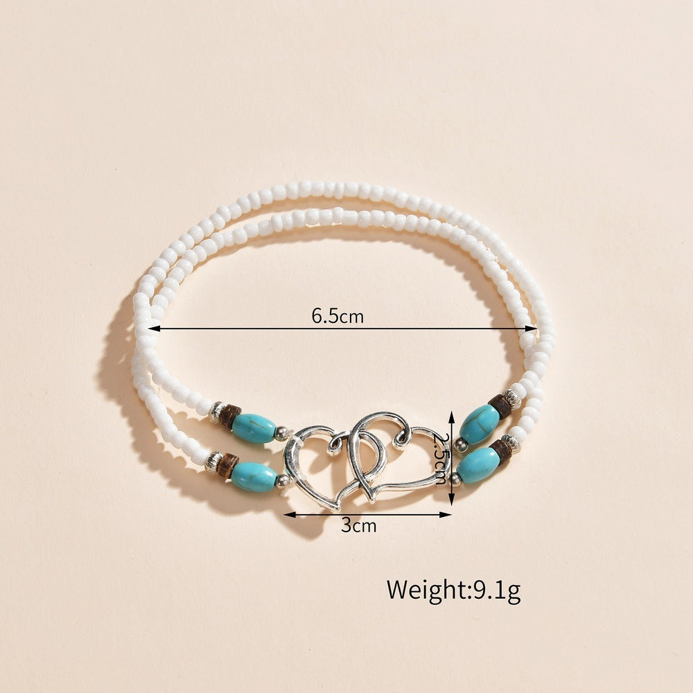 Fashion Vacation Style Alloy Double Heart Bead Turquoise Double Elastic Anklet