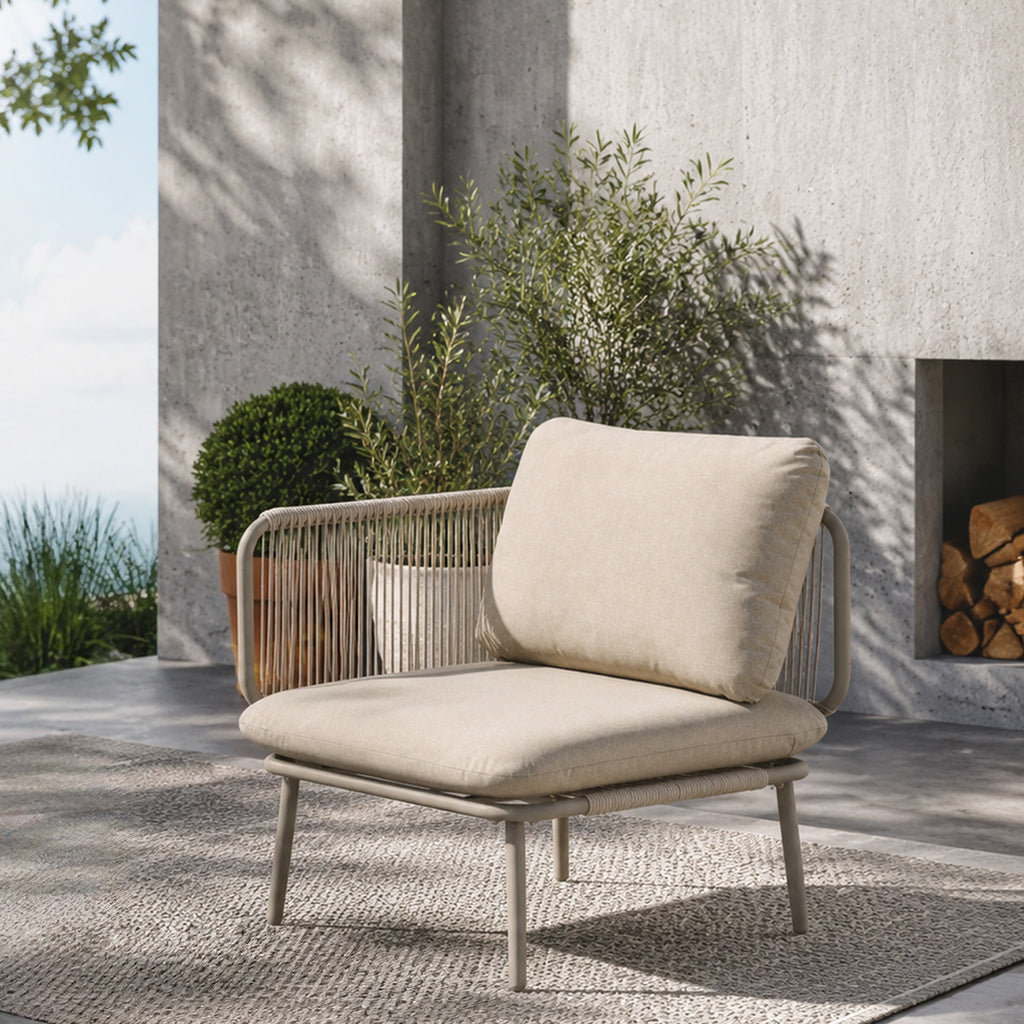 Modern Outdoor Club Chair, Patio Single Sofa with Thick Cushions & Hand-Woven Rope Armrest, Rust-Proof Aluminum Frame Accent Armchair for Garden, Balcony, Living Room, 350 lbs Capacity