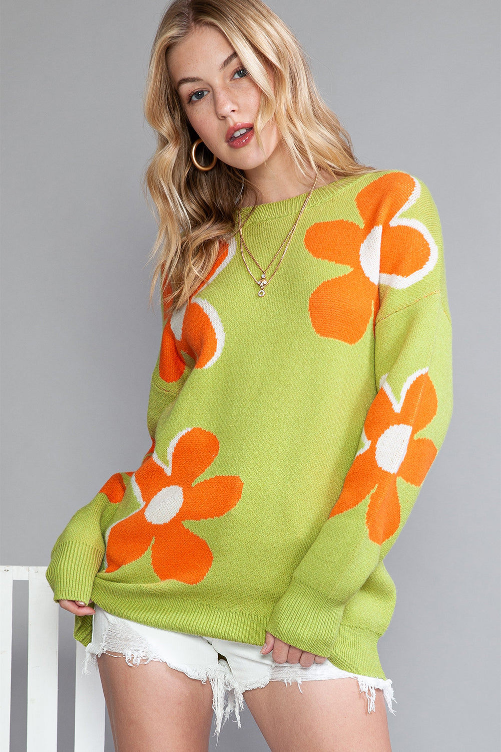 Green 60s Floral Pattern Ribbed Contrast Sweater - Eloy Royal