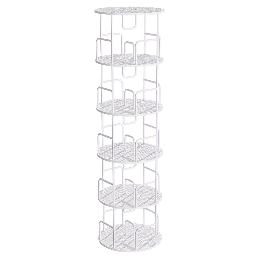 Rotating Bookshelf Tower 5 Tier Spinning Bookcase 360 Degree Revolving Storage Shelf White MDF+Iron Narrow Tall Bookcase