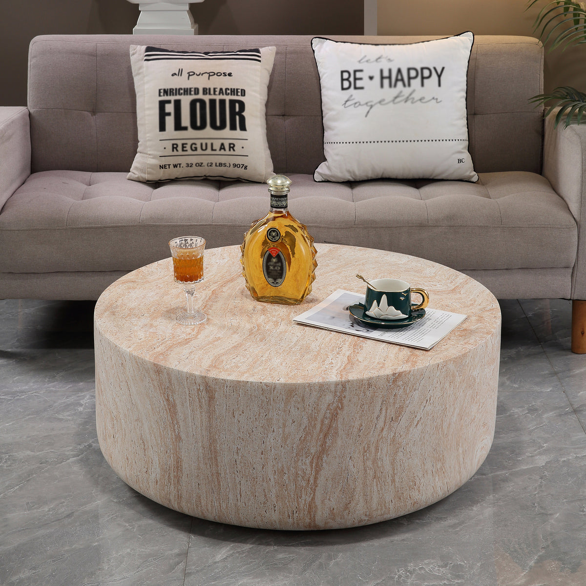 Round Cylinder Coffee Table, MgO Faux Travertine Low Profile Accent Coffee Table, Indoor & Outdoor Decorative Center Table for Living Room Patio, Dia 31.89' x H 12.01'
