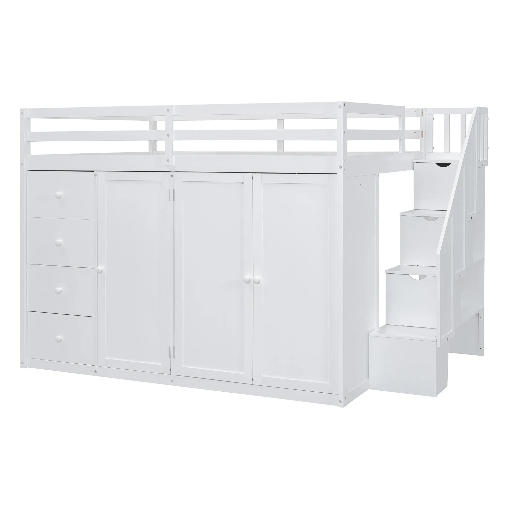 Full Size Wood Loft Bed With Built-in Wardrobes, Cabinets and Drawers, White - Eloy Royal