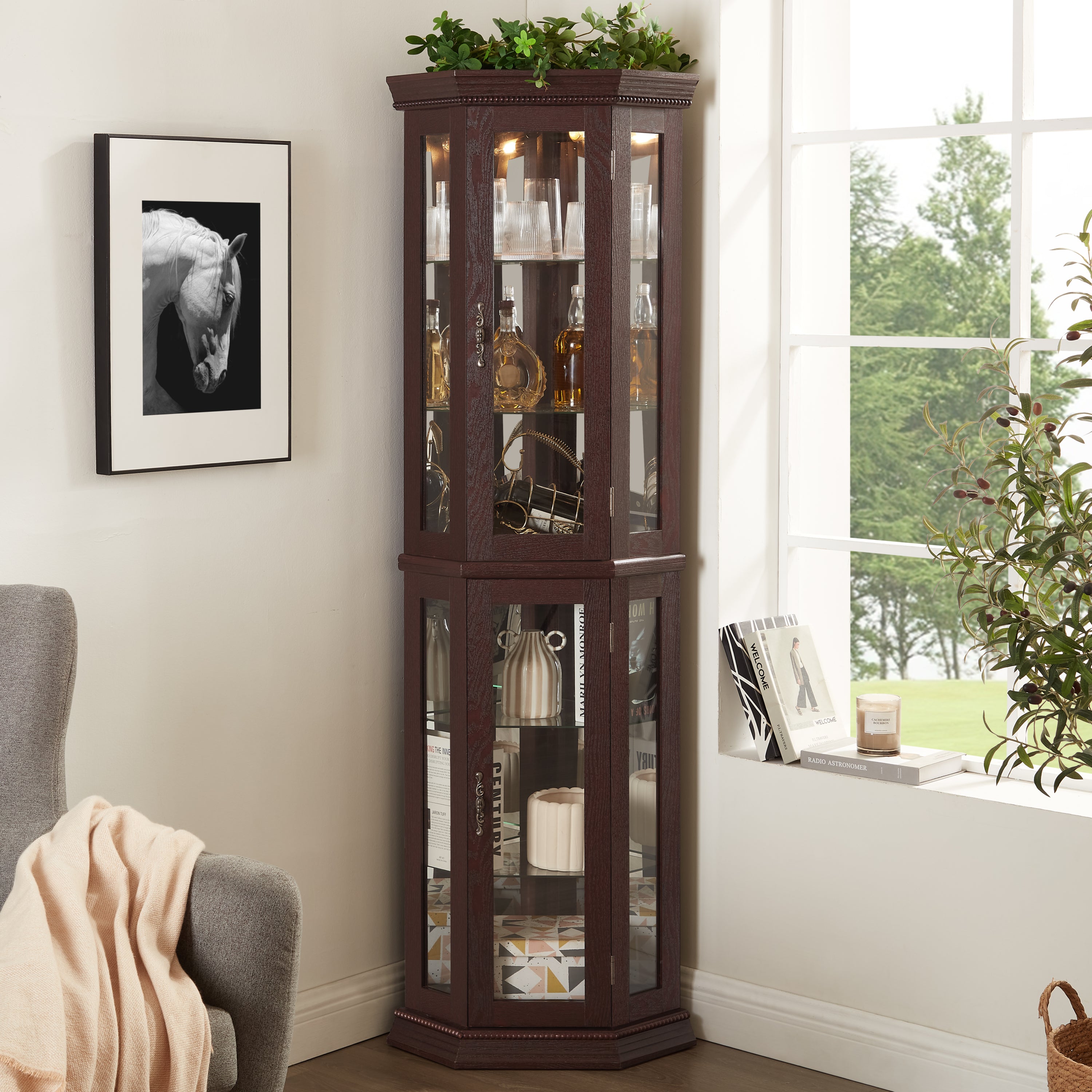 Lighted Corner Curio Cabinet - Glass Display Shelf with Tempered Glass Doors, Adjustable Shelving, and Included Bead Bulb - Ideal Bar Cabinet for Home Decor- DARK CHERRY