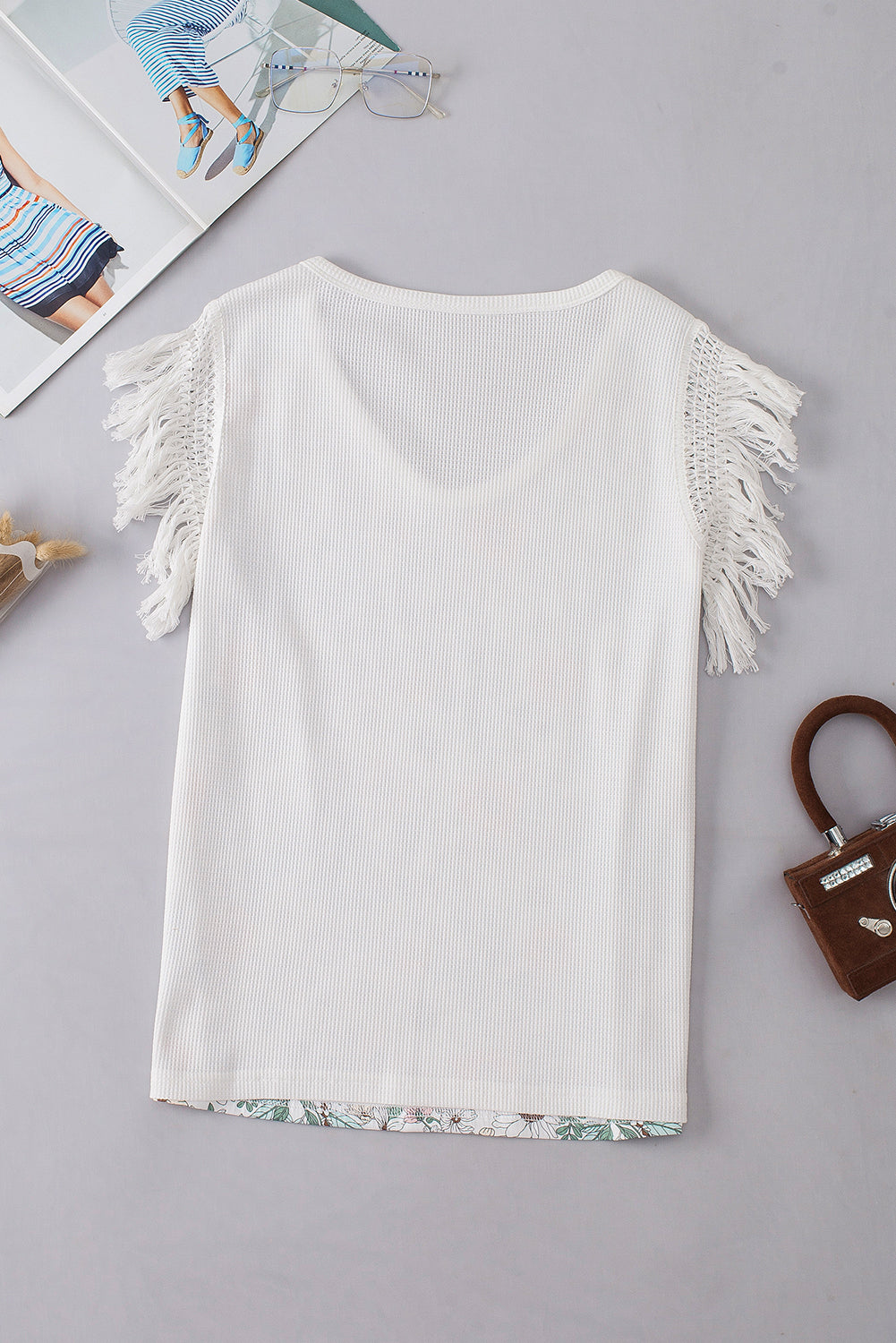 White Boho Floral Print Fringe Shoulder Sleeveless Shirt - Eloy Royal