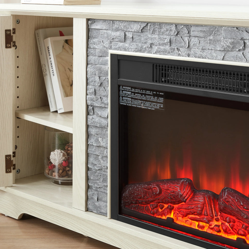 70' Modern TV Stand with 2-Door Storage & 23' Electric Fireplace, Faux Stone Media Console Cabinet, White Large Entertainment Center for Living Room - Eloy Royal