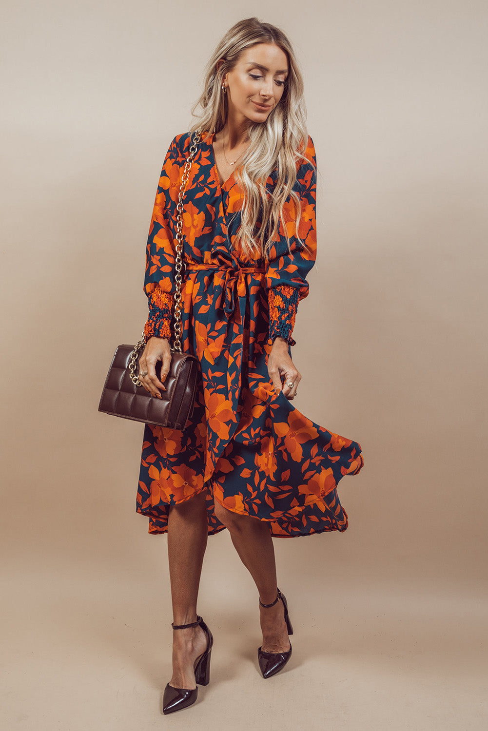 Orange Floral Print Wrap V Neck Belted Midi Dress - Eloy Royal