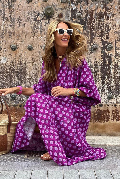 Purple Boho Printed V Neck Puff Sleeve Maxi Dress - Eloy Royal