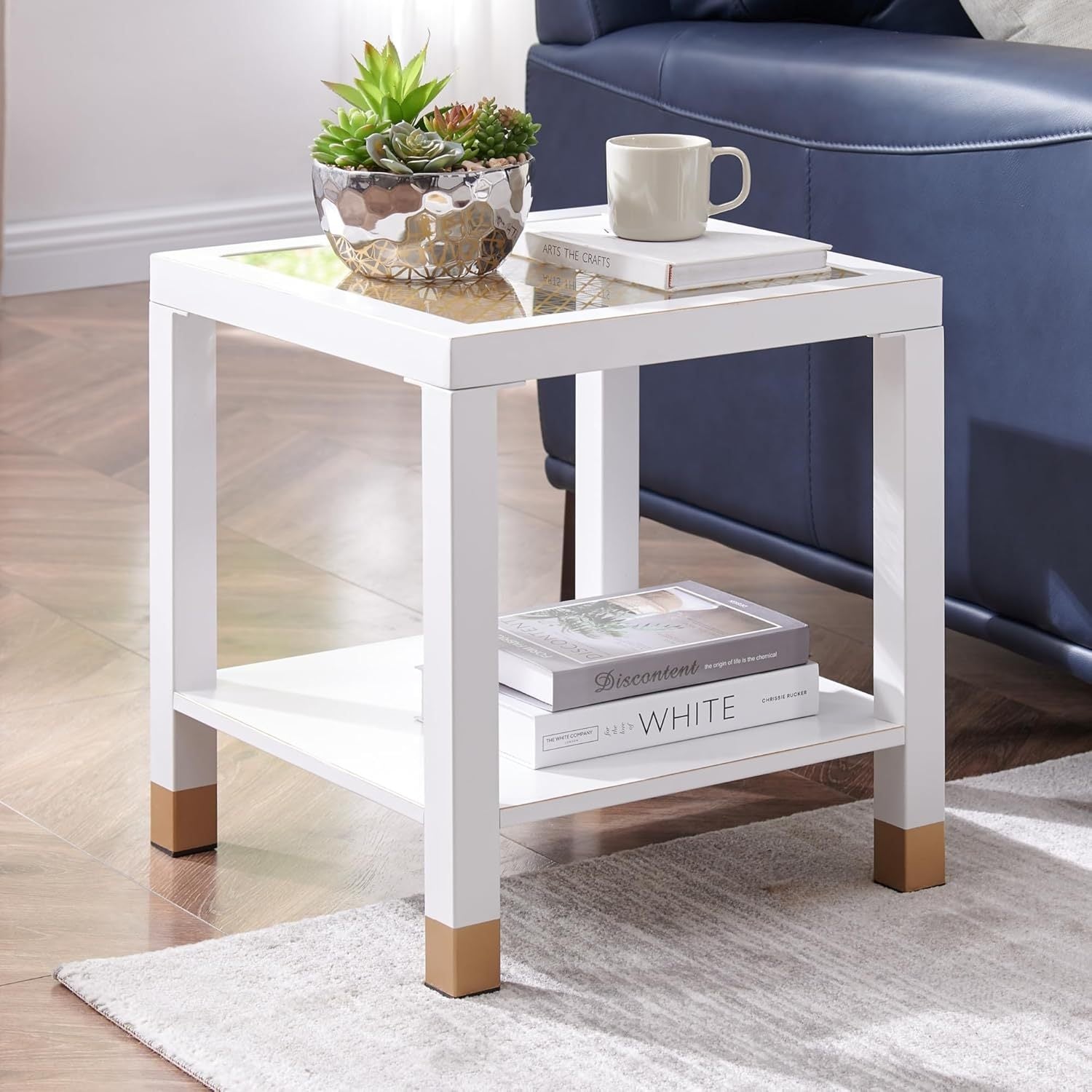Glass End Table, Modern Style Side Table, Square Table for Living Room, Tempered Glass with Metal Frame, Nightstand, 2-Layer, White