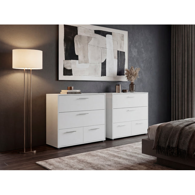 Kiruna Set of 2 Small Dressers, Minimalist Modern Style, High Capacity Bedroom Storage Furniture, White