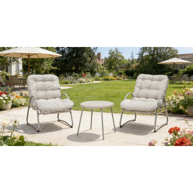 Outdoor Iron Framed Wicker 3-Piece Patio Set ,Accent Chair with  small tabl, Comfy Reading Chair Set, Ergonomic Lounge Chair fo  Office, Outdoor Pool, Beach, Patio -off white