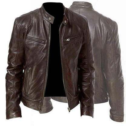 Men's Zip Cardigan PU Leather Jacket With Stand Collar