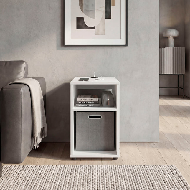 Mercer Lite Side Table and Nightstand with Integrated USB Charging Station and 2 Open Storage Shelves, Compact Side Table