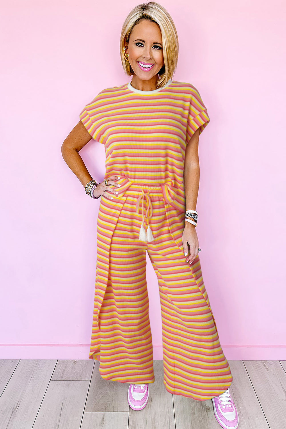 Pink Stripe Rainbow Tee and Tassel Drawstring Wide Leg Pants Set - Eloy Royal