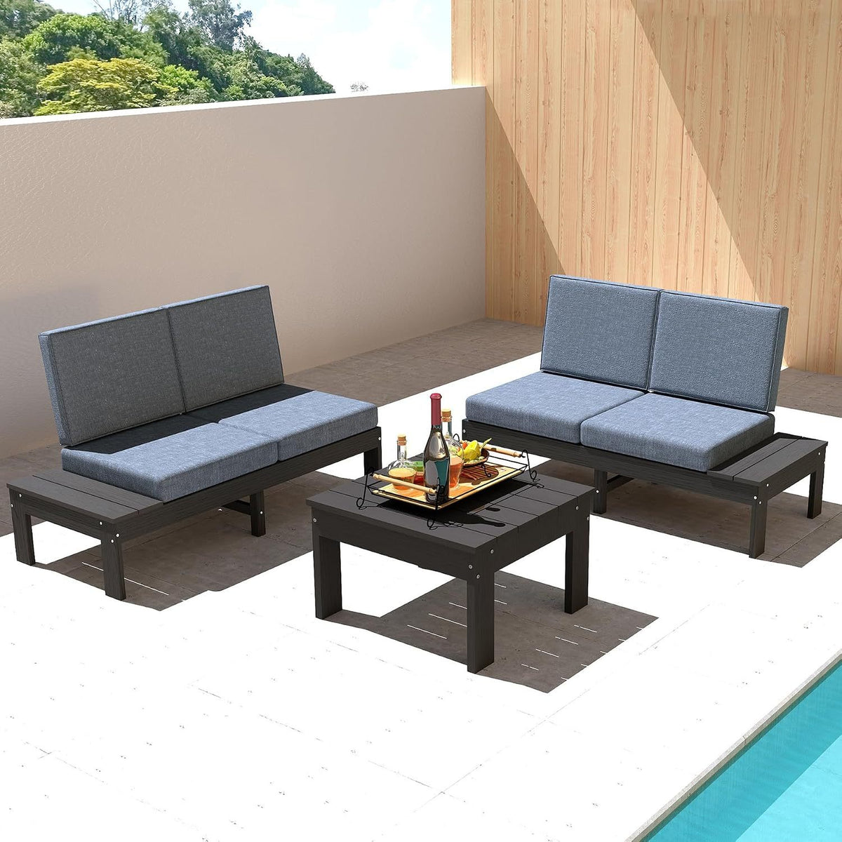 HDPE Outdoor Patio Sofa Set, 3-Piece Modern Conversation Set with Left & Right Sofas, Cushioned Sectional Seating and Coffee Table for Backyard, Porch, Deck & Garden, Grey