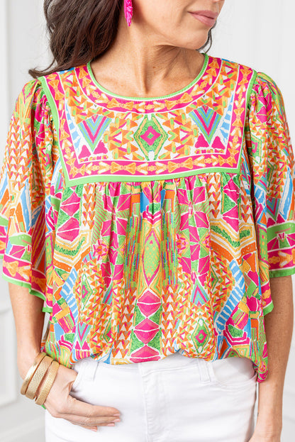 Orange Geometric Print Bell Sleeve Babydoll Blouse - Eloy Royal