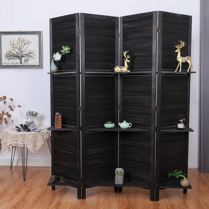 4 Panel Rustic Shutter Style Room Divider with Removable Corner Shelves, Wood Frame Foldable Room Divider, Black