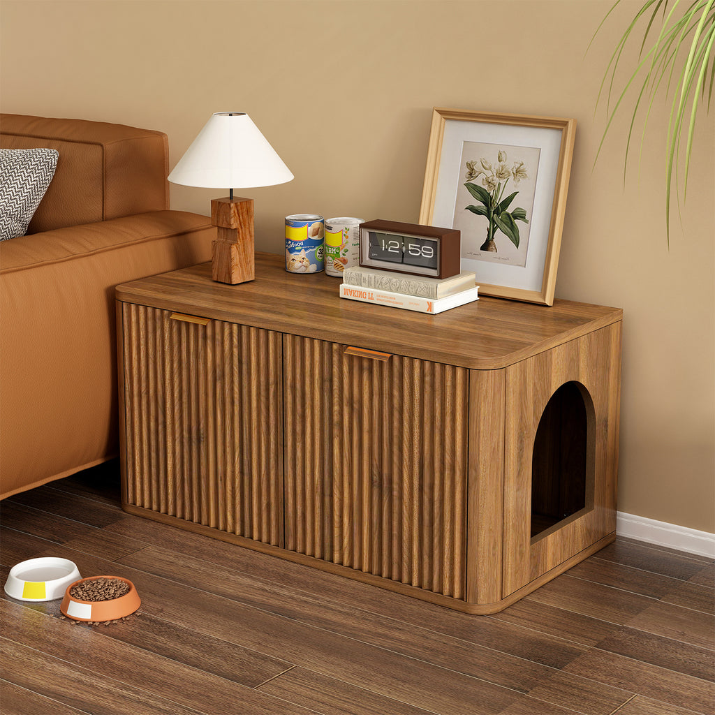 31.5' Walnut Cat Litter Box Enclosure Furniture, Large Decorative Hidden Litter Box Cabinet, Fluted Mid Century Modern Kitty End Table for Living Rooms, Bedrooms, Entryways (WALNUT)