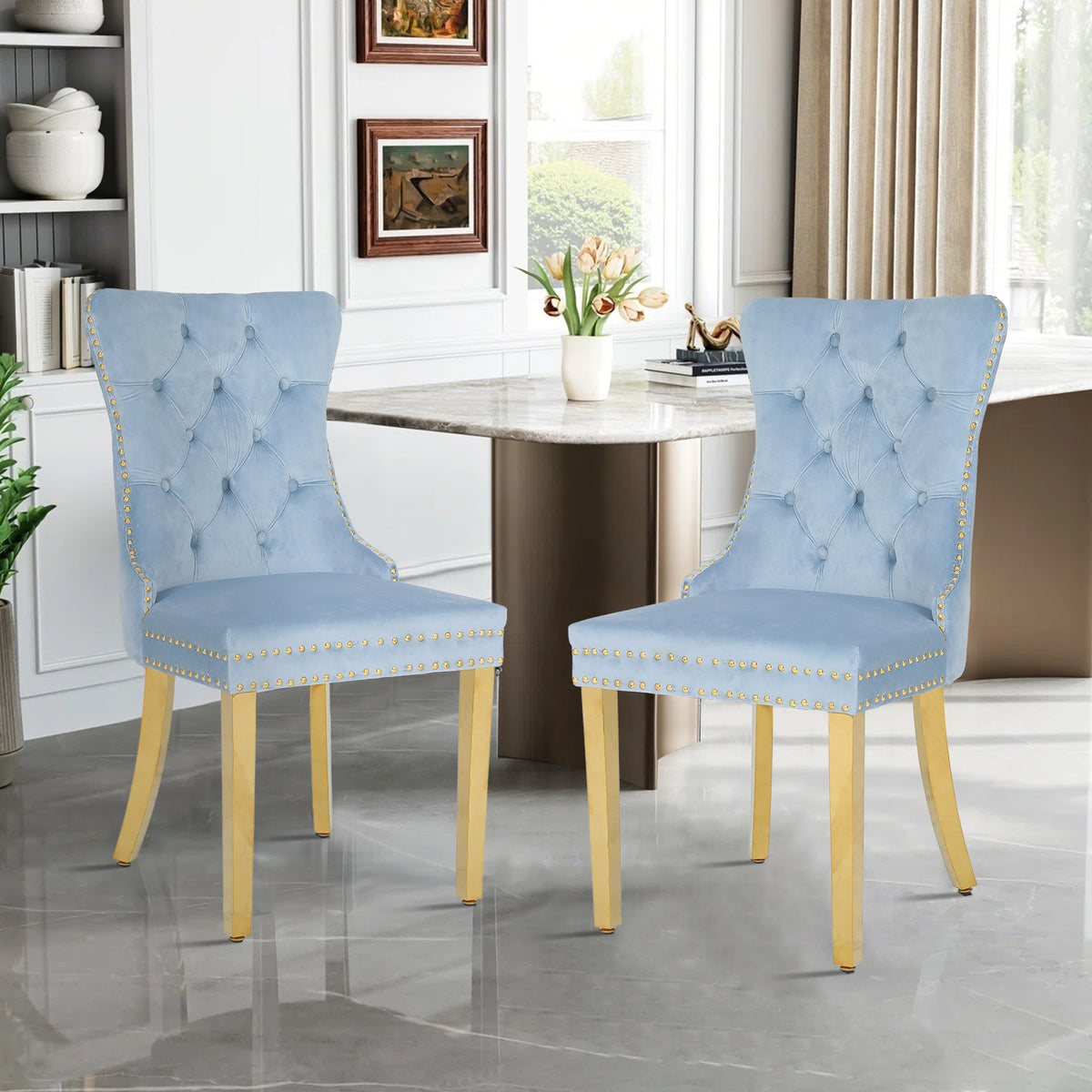 Rubberwood velvet ergonomic chairs, set of 2, blue