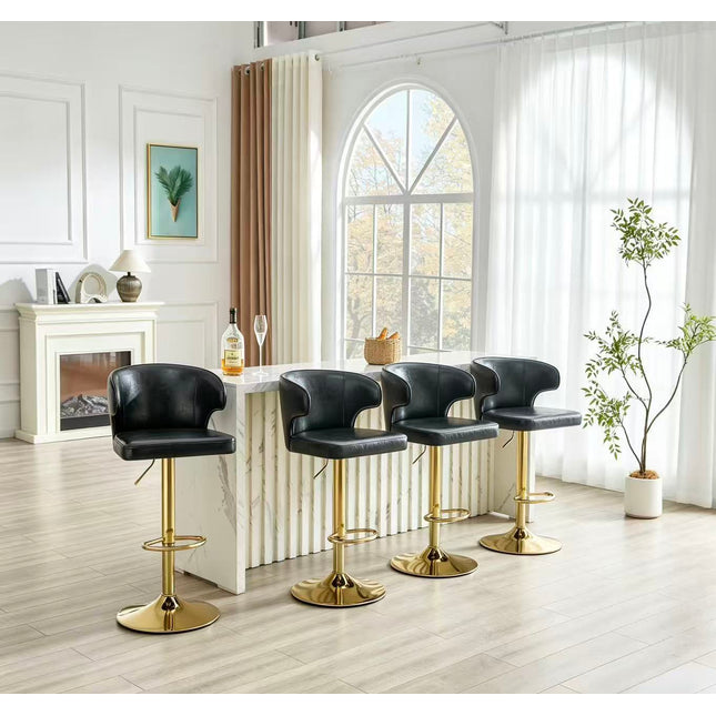 Modern rotating adjustable bar chair, PU leather belt backrest swivel chair, suitable for kitchen bar counter and dining room, adjustable height, capable of bearing 300 pounds (black -4 pieces)