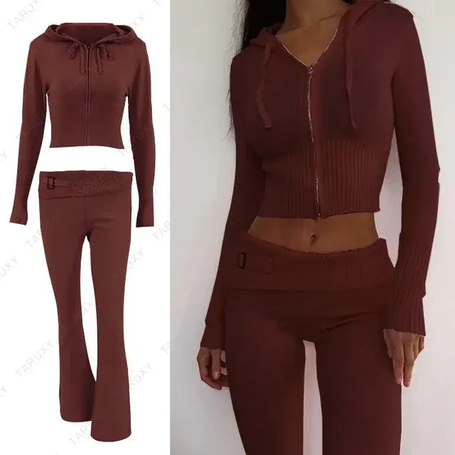 Knitted Hoodie Cropped Top And Pants Set - Eloy Royal