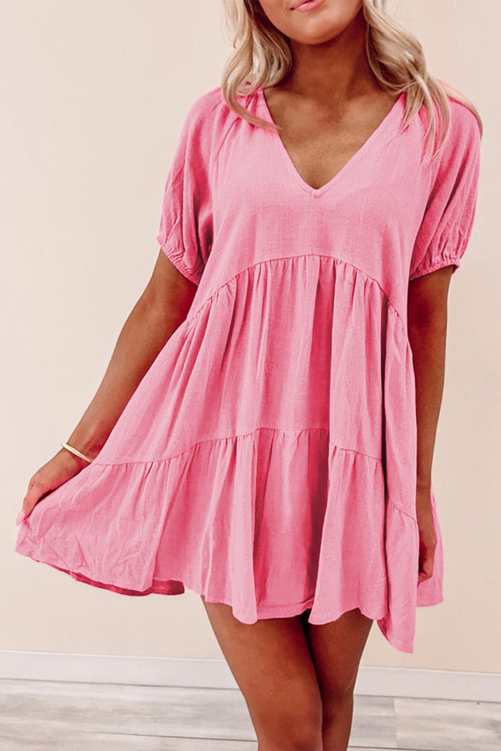 Strawberry Pink Puff Sleeve V Neck Tiered Swing Dress - Eloy Royal