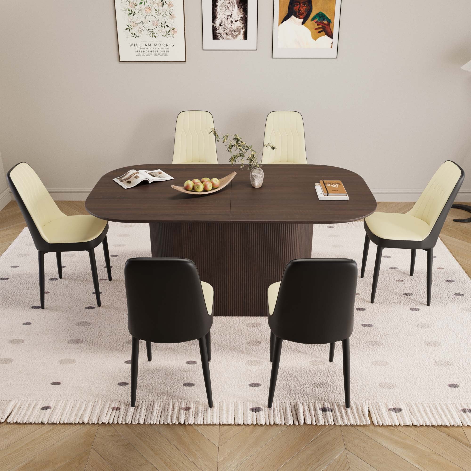 63 'medieval modern brown style MDF dining table and PU dining chair set 6. Assemble Desktop and black metal leg dining chair set, suitable for home&kitchen