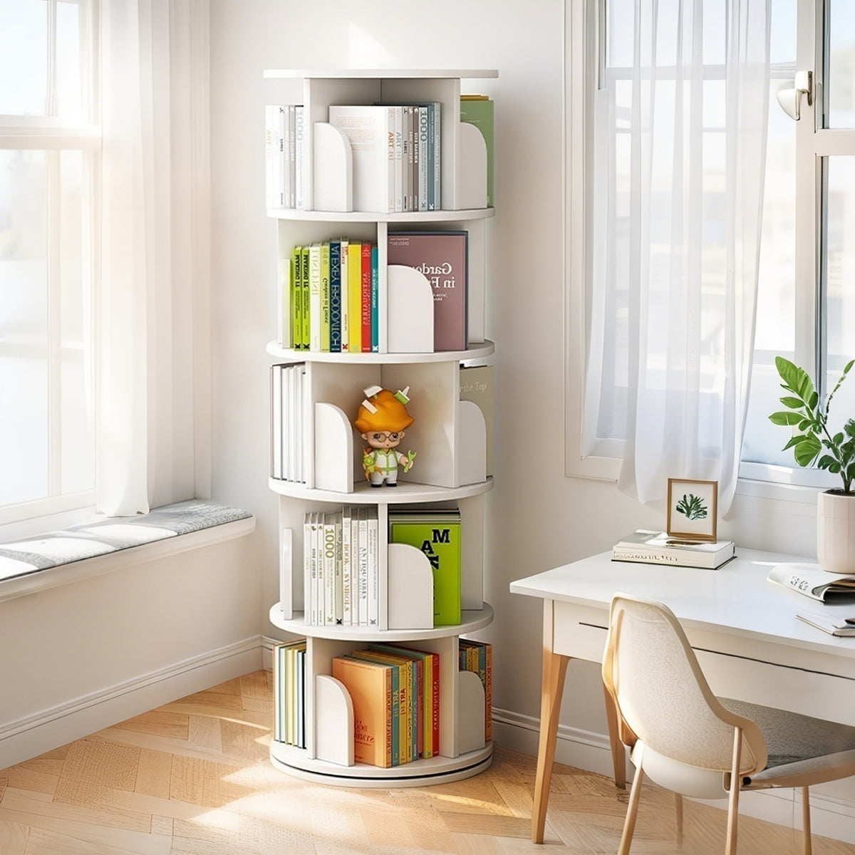 5 Tier Rotating Bookshelf, 360° Display Round Spinning Bookshelf, Space-Saving, Small Space Rotating Bookshelf Tower for Bedroom, Living Room, Home, Office, Warm White