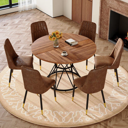 Table and chair set.A circular walnut MDF dining table with a diameter of 47.3 inches,black hourglass shaped metal brackets.Paired with 6 Brown Technology-Fabric Material Dining Chairs.