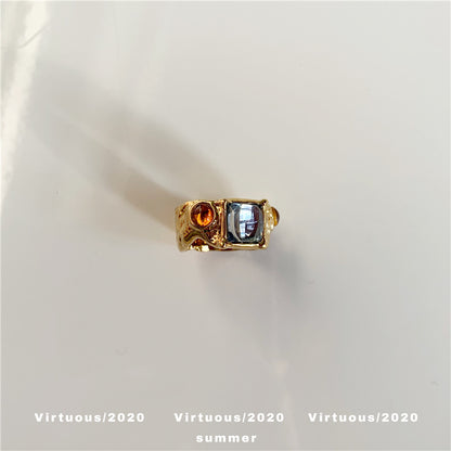 A Niche Retro Set Colored Gemstone Ring With Irregular Gold Color