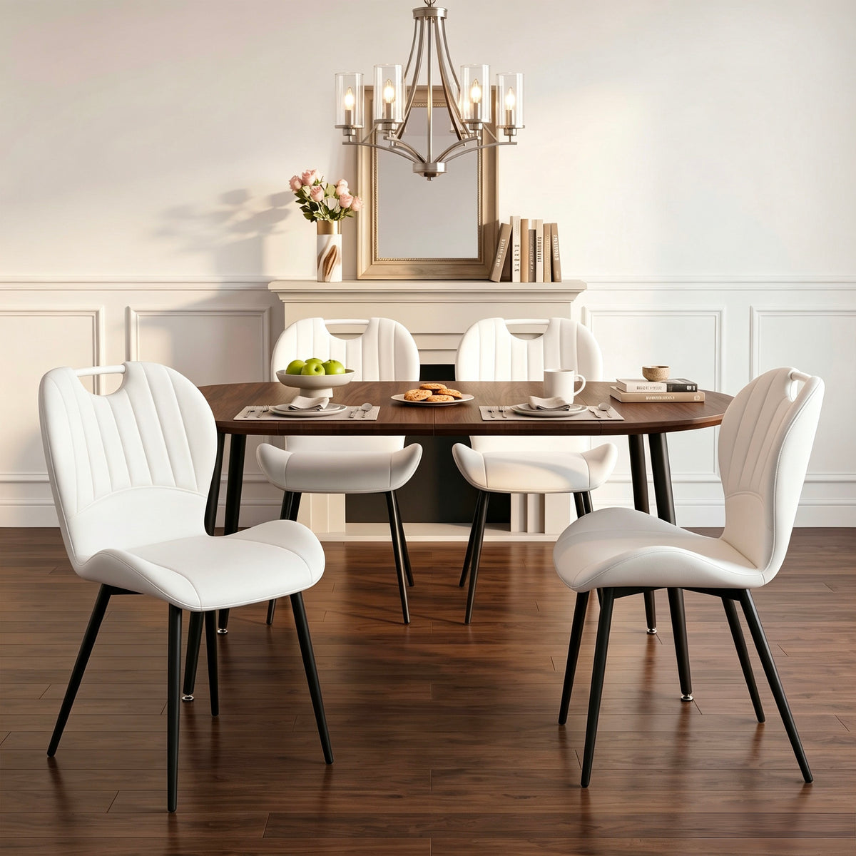 Set of 4 White Faux Leather Dining Chairs with Black Metal Legs