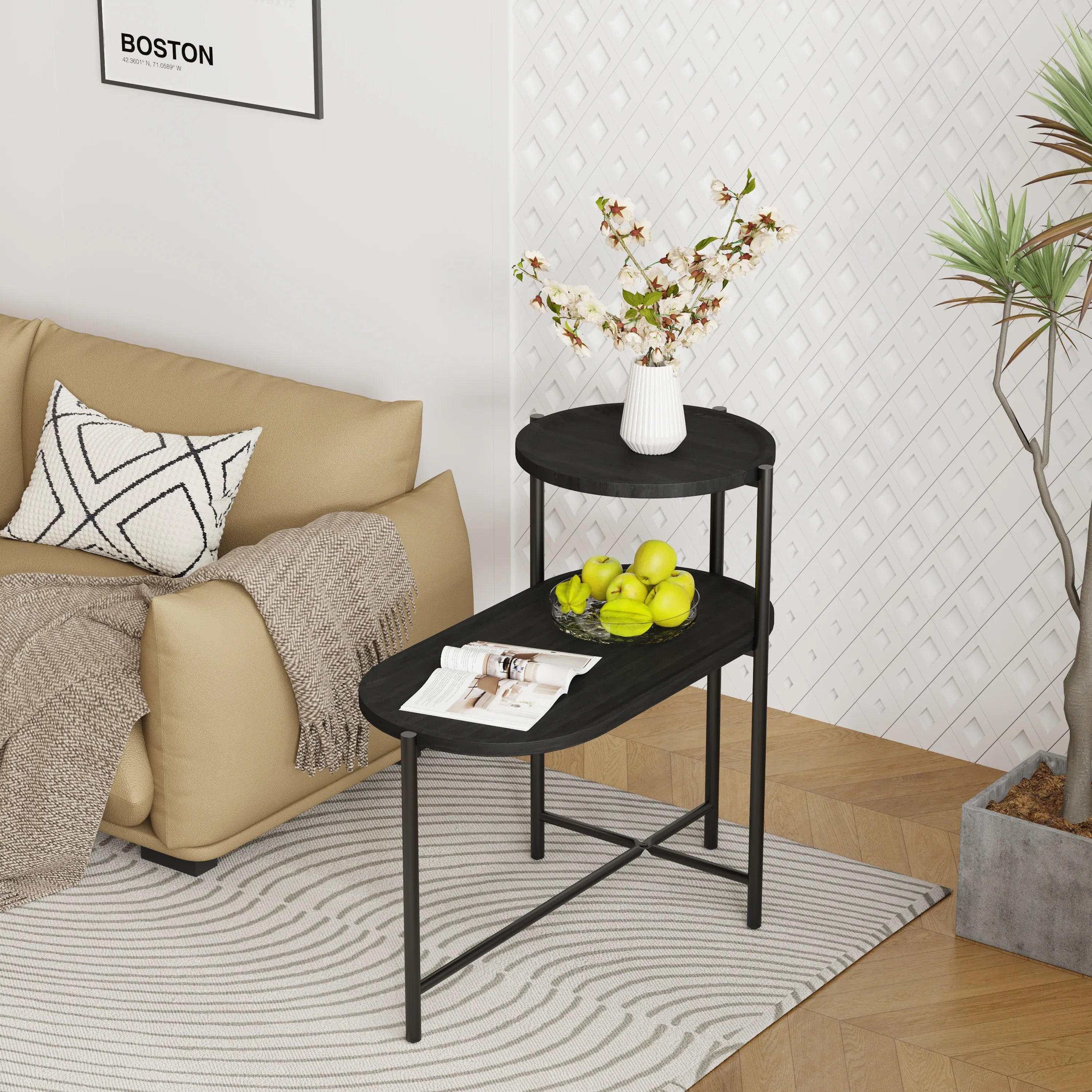 Modern Black Round Coffee Table with Storage Tray 2-Tier Oval End Tables Wooden Side Table for Living Room - Eloy Royal