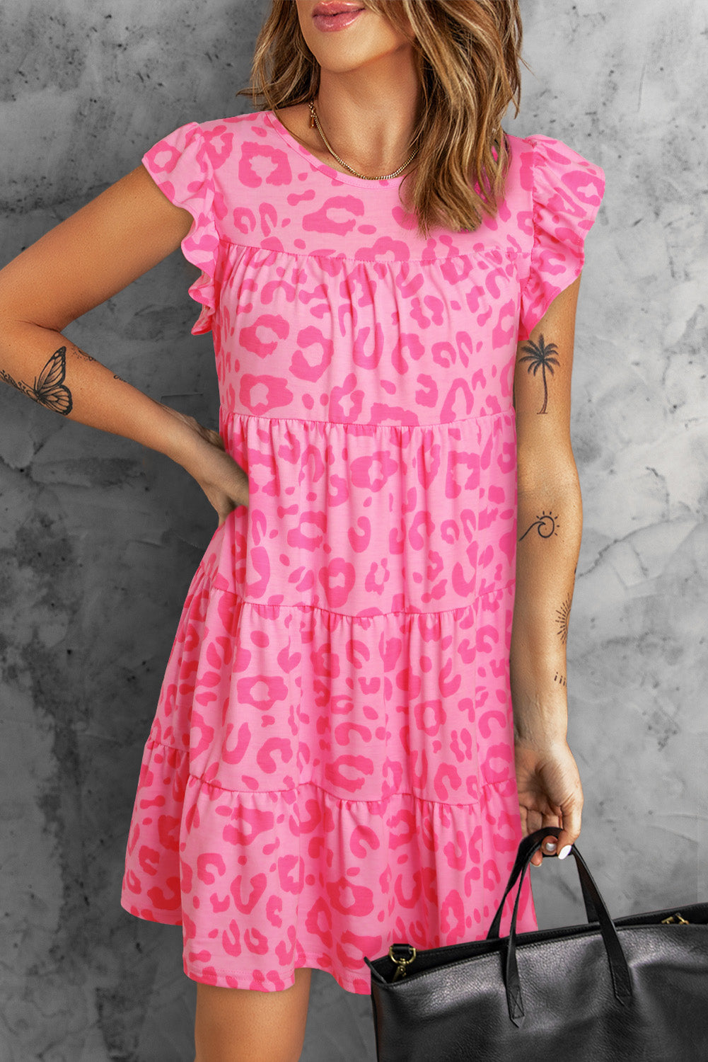 Pink Leopard Round Neck Ruffle Tiered Mini Dress - Eloy Royal