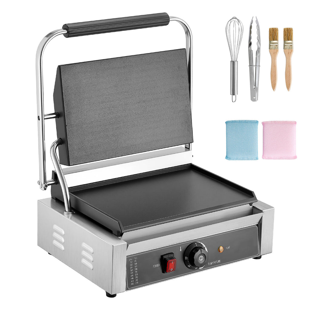 Commercial Panini Grill, 1800W Electric Sandwich Panini Maker, Stainless Steel Sandwichs Press Grill with Handle and Temp Control, 13.5x9.3 in Full Flat Enamel Plate, for Hamburger Steak Bacon
