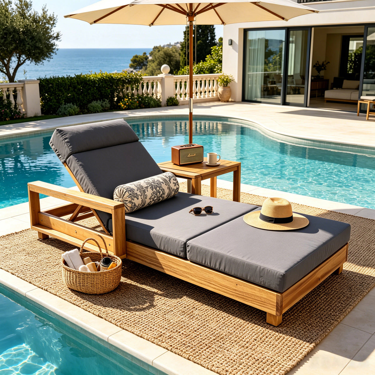 Light Natural Acacia Wood Outdoor Chaise Lounge Set, 1 Frame + 1 Dark Grey Cushion, 4' Thick 4-Fold Water Resistant Foam Cushion with Built-In Headrest, 4-Position Adjustable,for Patio Pool Backyard